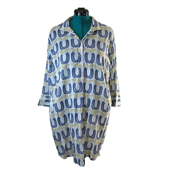 bluThreads Rockflowerpaper Recycled Cotton Shift Dress Blue Tan Print Large - Picture 1 of 11